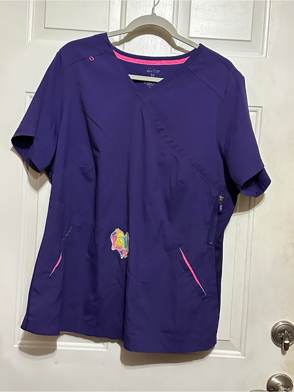 Koi Lite Scrub Top 2X Womens  Purple Dobby Rib Slim Fit Love Heart